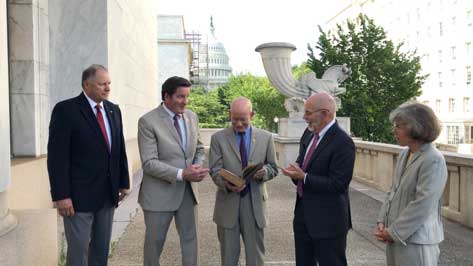 RNT Foundation Directors and Congressmen. From left: RADM Jeff Hathaway, USCG (ret); Rep. John Garamendi (D-CA); Rep. Peter DeFazio (D-OR); Dana A. Goward, SES, CAPT, USCG (ret); and CAPT Pauline Cook, USCG (ret). (Photo: Resilient PNT Foundation)