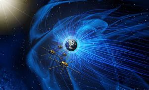 Artist’s concept of NASA’s Magnetospheric Multiscale mission consists of four identically equipped observatories that rely on Navigator GPS to maintain an exacting orbit that is at its highest point nearly half-way to the Moon. (Image: NASA)