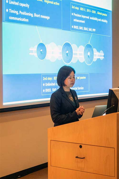 Xiaochun Lu presents at Stanford PNT Symposium on Oct. 30, 2019. (Photo: Stanford University)