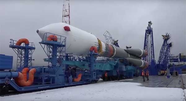 The Soyuz-2.1b launch vehicle with encapsulated Glonass-M satellite is transported to the launchpad. (Screenshot: Russian Ministry of Defense video)