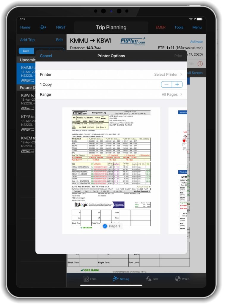 iPad displaying printer options