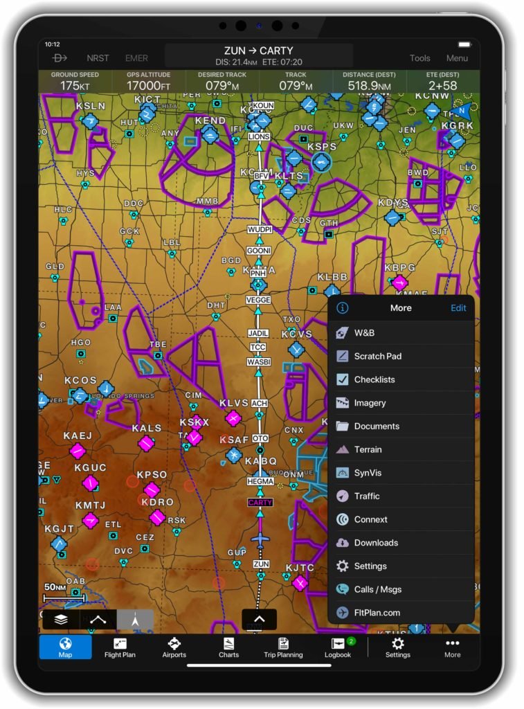 iPad displaying configurable tab bar menu within Garmin Pilot