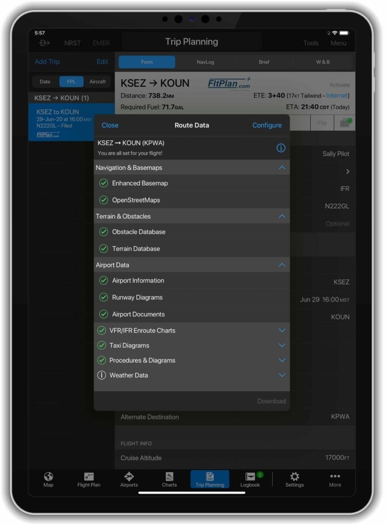 iPad displaying Route Data and Chart downloads in Trip Planning page of Garmin Pilot app