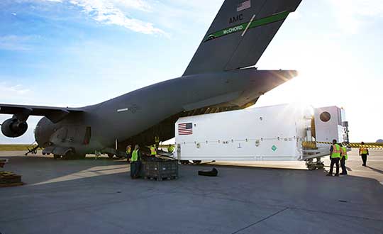 The fourth GPS III satellite arrived at Cape Canaveral July 14 for launch on Sept. 30. (Photo: USAF)