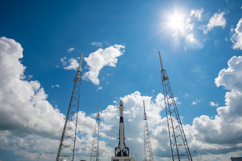 A Falcon 9 with GPS III SV 04 encapsulated inside the payload fairing the stands vertical on the pad at Cape Canaveral’s Space Launch Complex 40 in preparation for its Sept. 30 launch. The satellite will augment the current GPS constellation comprised of 31 operational spacecraft in Medium Earth Orbit (MEO). (Photo courtesy of SpaceX)