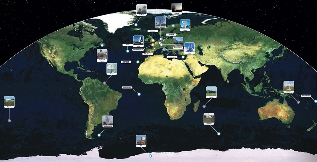 The worldwide Galileo ground segment includes two control centers (Italy and Germany) as well as various tracking, uplink and sensor stations and monitoring and test centers. (Image: ESA)