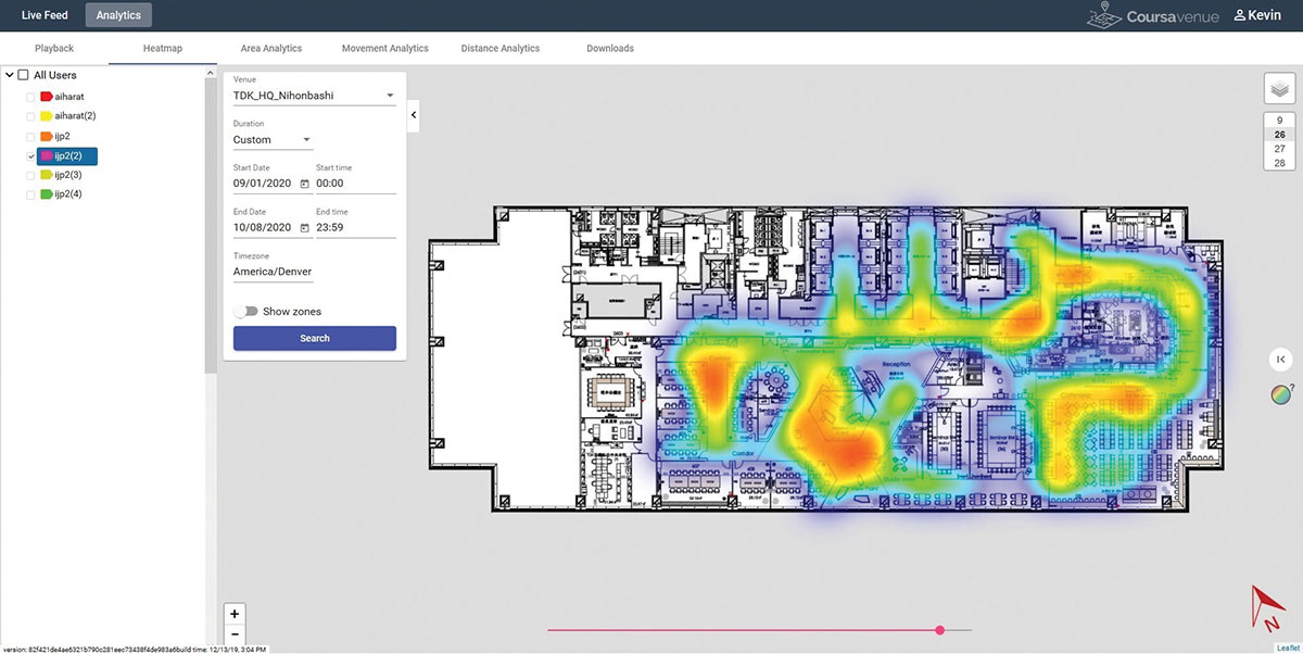 Ongoing Trial at TDK Headquarters: A worker’s durations of stay and positions can be visualized in the form of a heat map. (Conceptual illustration: Trusted Positioning)