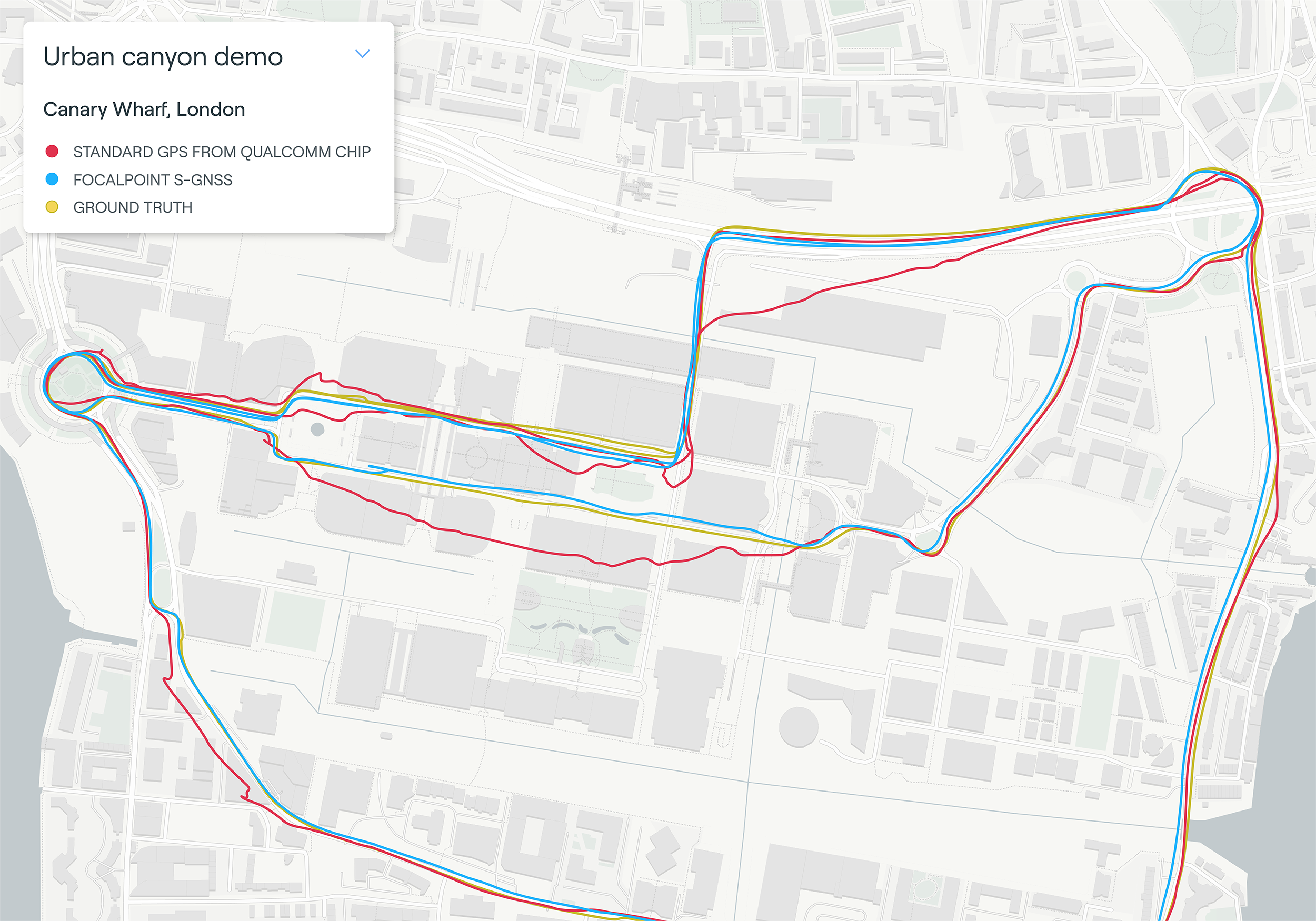 Map plot from live tests in London show the route of a vehicle driven through Canary Wharf. It shows the difference between the position provided by a standard smartphone GNSS chip (red line) and the same data run through Focal Point Positioning's Supercorrelation software (blue line). (image: u-blox)