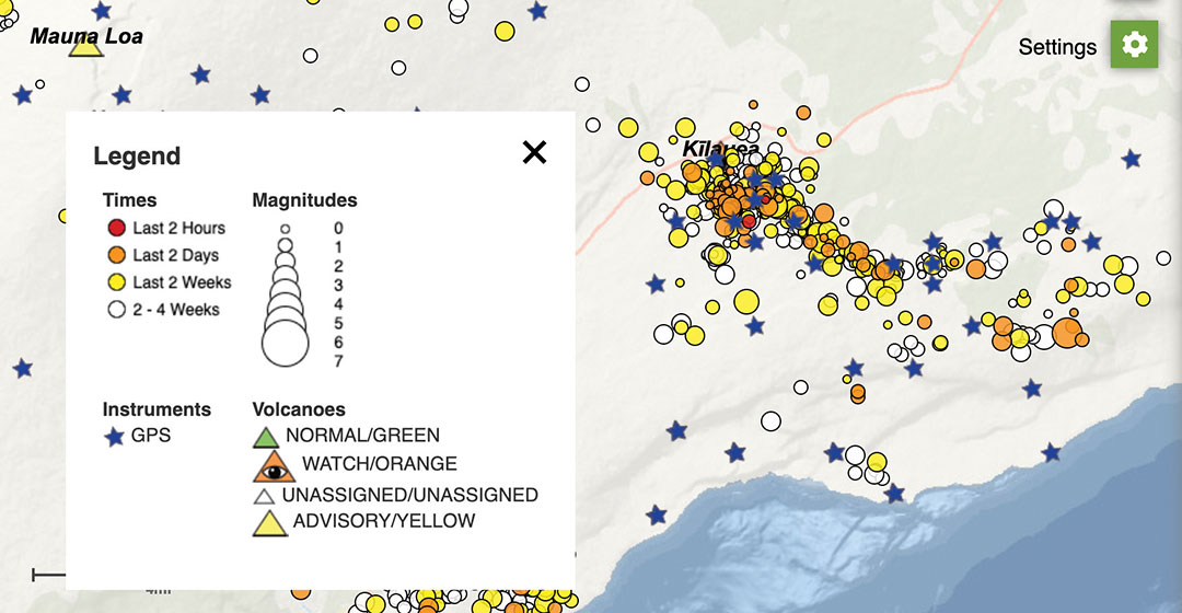 The interactive USGS monitoring map shows GPS stations situated on and around Kilauea as well as volcano activity. (screenshot taken at 12 p.m. HST on Dec. 21).