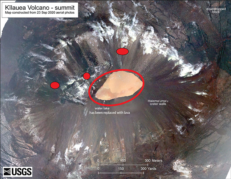 Shortly after 9:30 p.m. HST Dec. 20, an eruption began at the summit of Kīlauea Volcano in Hawaii. Red spots indicate fissure vents feeding lava into the bottom of Halema‘uma‘u crater. Lava coverage is 32 feet higher than the water in this photo (base map is from imagery collected on Sept. 23, 2020).