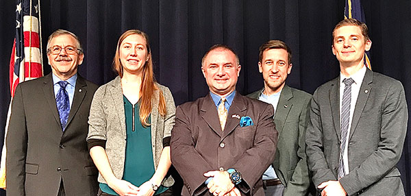 The Goddard PNT policy team received a 2019 Agency Honor Award for their advocacy of NASA’s interests in GNSS. From let are Frank Bauer, Jenny Donaldson, J.J. Miller, Ben Ashman and Joel Parker. Not pictured, Lauren Schlenker. (Photo: NASA)