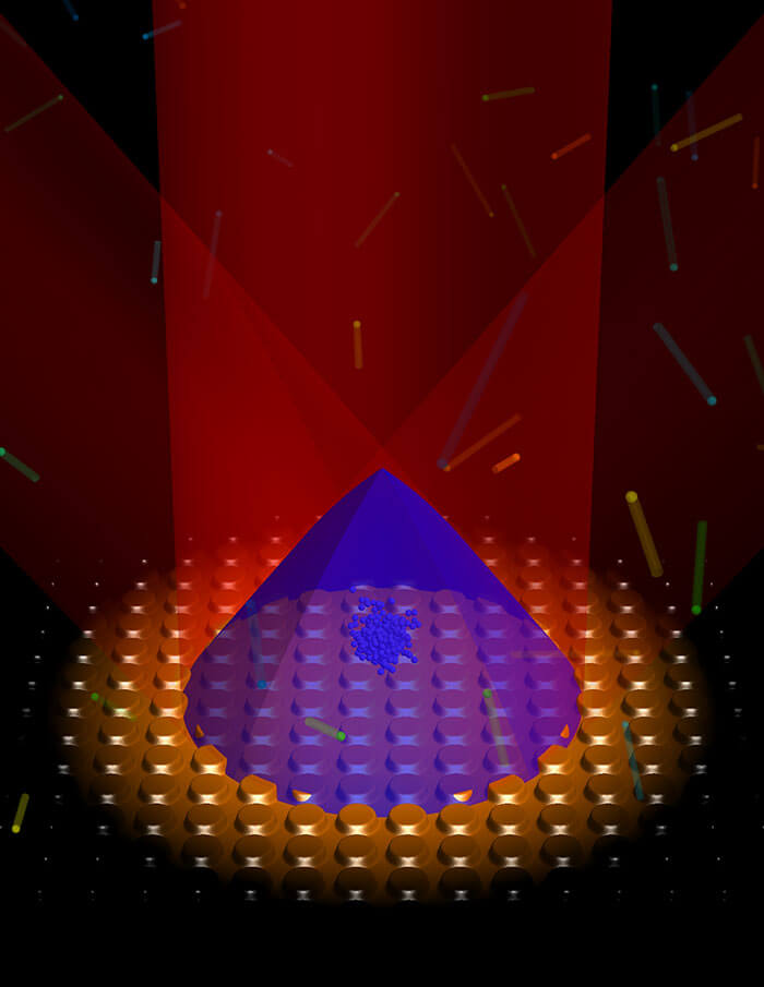 At Strathclyde, cold atom clock experiments are aided by expertise in grating magneto-optical traps (gMOTs), illustrated here. (Image: Aidan Arnold, University of Strathclyde)