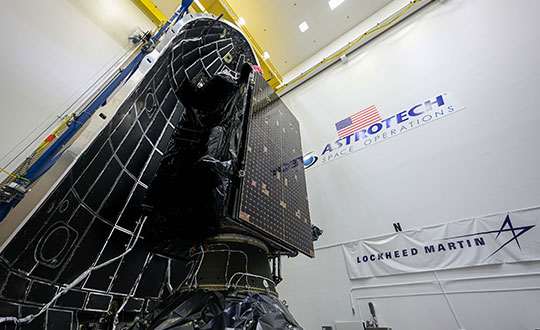 GPS III SV05 is encapsulated within a SpaceX payload fairing at Astrotech Space Operations Florida in preparation for its June 17 launch. (Photo: Lockheed Martin)