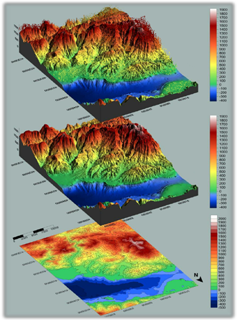 A digital terrain model, a digital surface model, and a digital elevation model (from top). (Image: Inertial Labs)