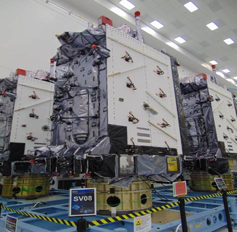 The U.S. Space Force’s Space Systems Command recently declared GPS III SV06, SV07 and SV08 satellites “Available for Launch.” Here, the space vehicles await official call up for launch in Lockheed Martin’s GPS III Processing Facility in Waterton, Colorado. (Photo: Lockheed Martin)