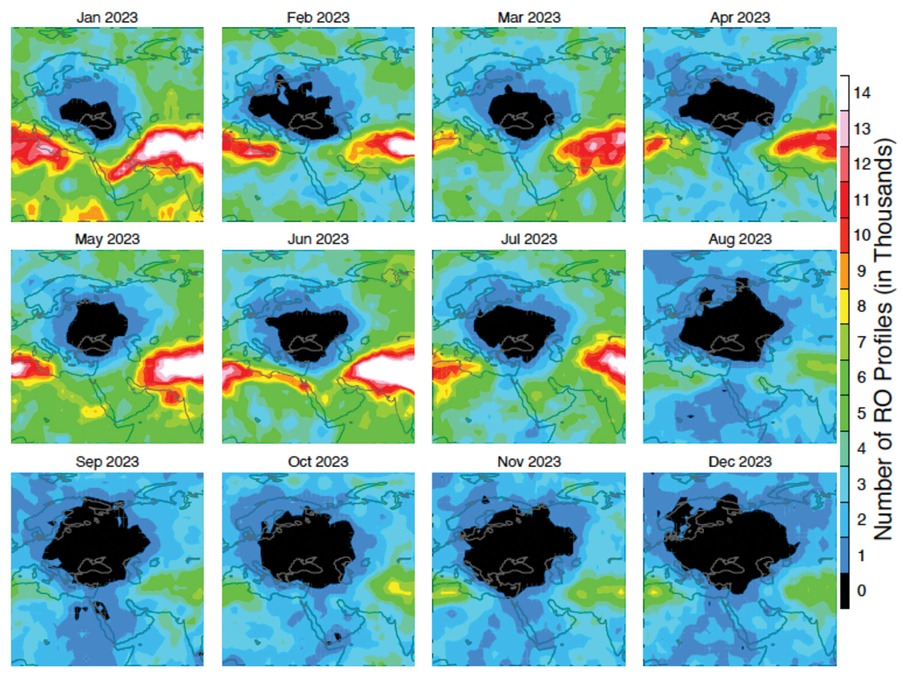 Figure 2: Number density distribution of monthly GNSS-RO measurements from the GPS tracking by the Spire constellation over Europe and the Middle East in 2023. The black area indicates no data. (Figure provided by the author)