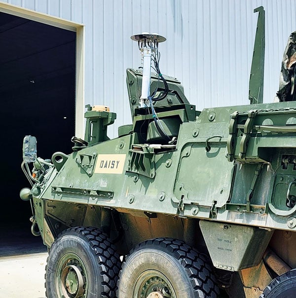 UHU 1000 seven-element antenna array on a U.S. Army Stryker vehicle. (Photo: UHU Technologies) 