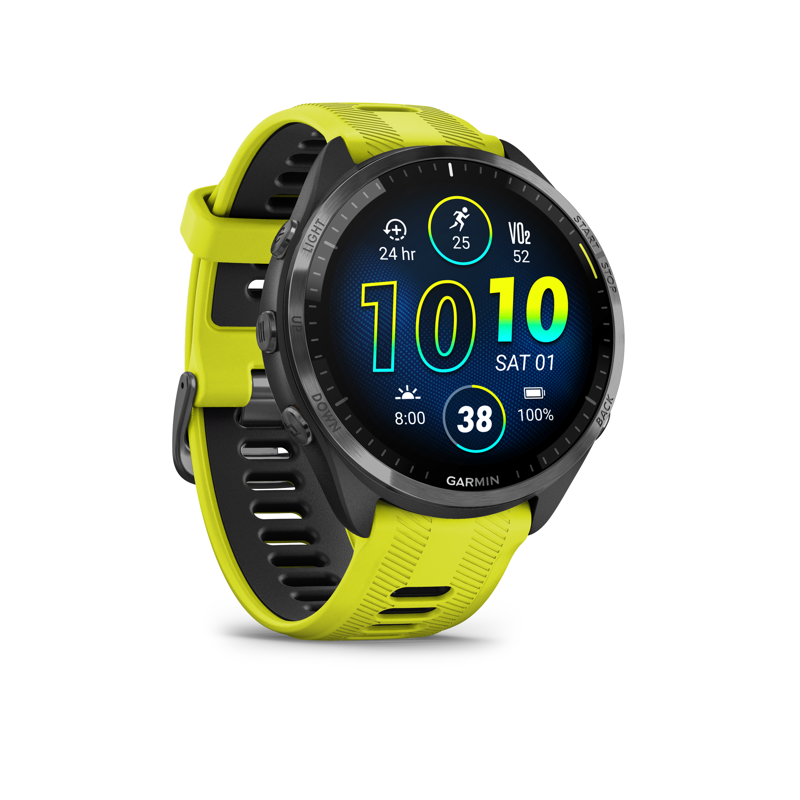 The Garmin Forerunner 965 with a bright yellow band displays a watch screen with the time. 