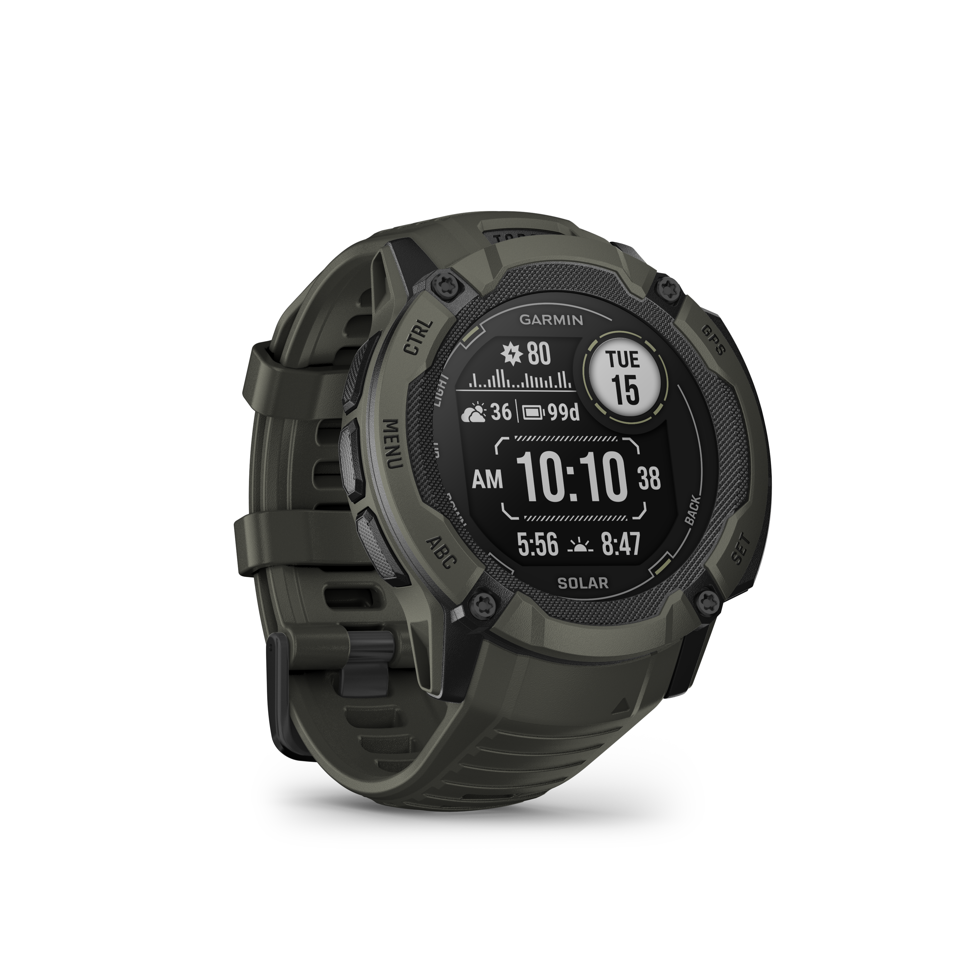 The Garmin Instinct 2 shows the time and other features.