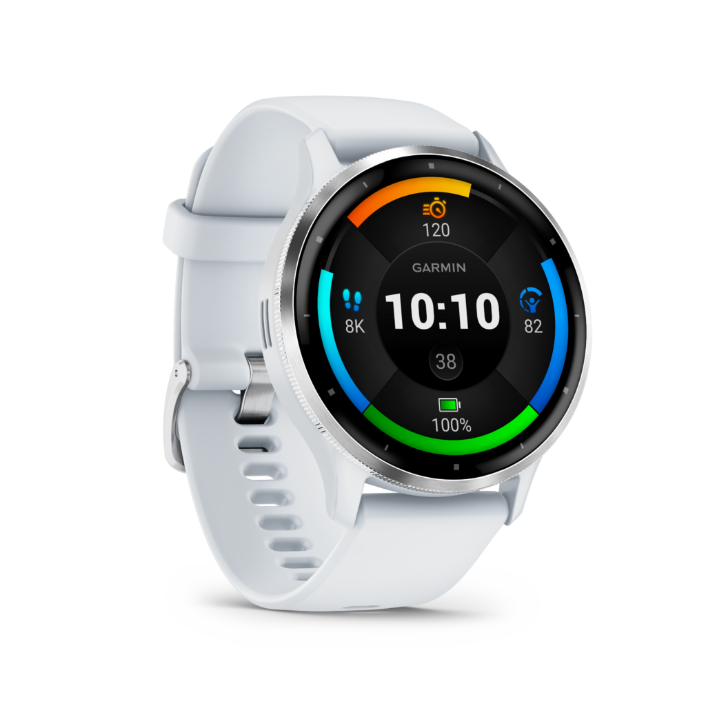 The Garmin Venu 3 watch with a white band displays the time.