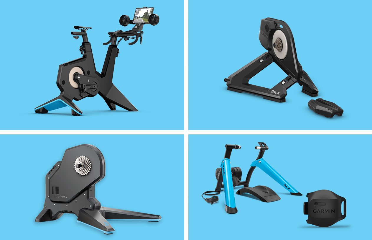 Starting at the top left to right, the Tacx NEO Bike Plus, Tacx NEO 3M, Tacx FLUX 2 Smart trainer and Tacx Boost indoor trainer are displayed on a blue background.