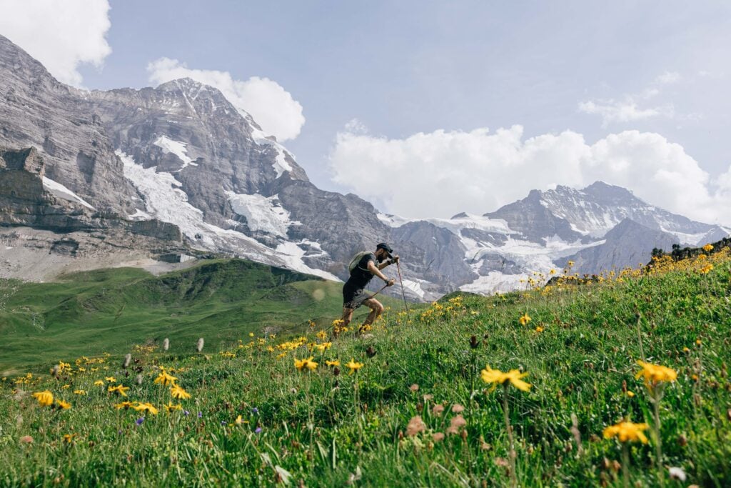 Jake Catterall crosses a mountain valley with yellow and pink flowers, using two trekking poles.