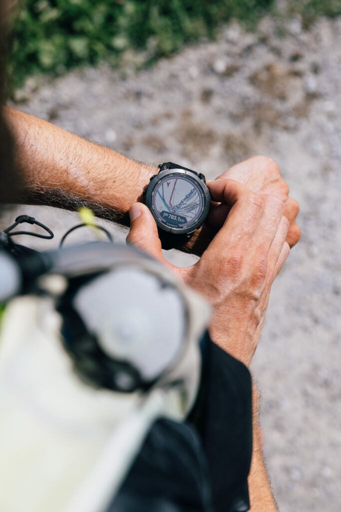 Jake Catterall checks the distance, 783.1 km, on his Garmin Enduro 2.