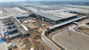 An aerial image shows the new terminal at Lima’s airport under construction. It will be able to handle up to 40 million passengers a year. (Photo: Trimble)