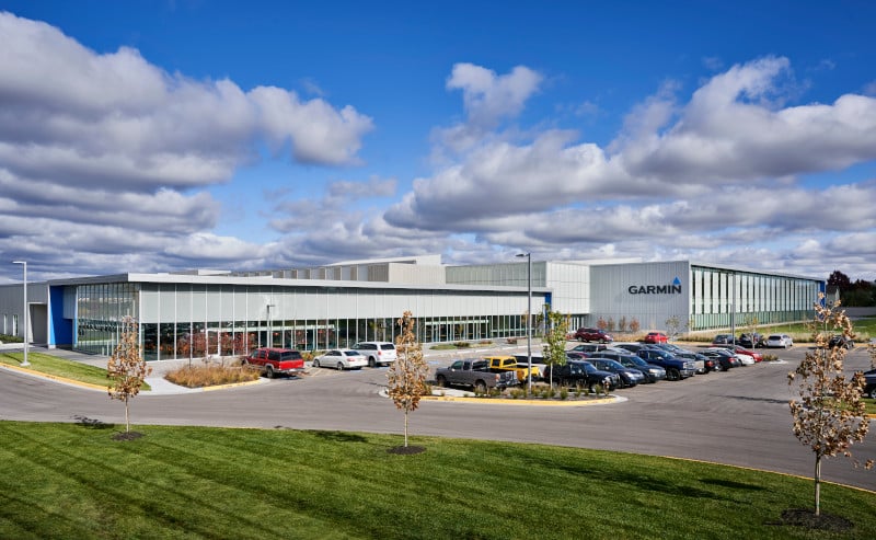 A Garmin manufacturing building is displayed on the US Headquarters campus in Olathe, Kansas.