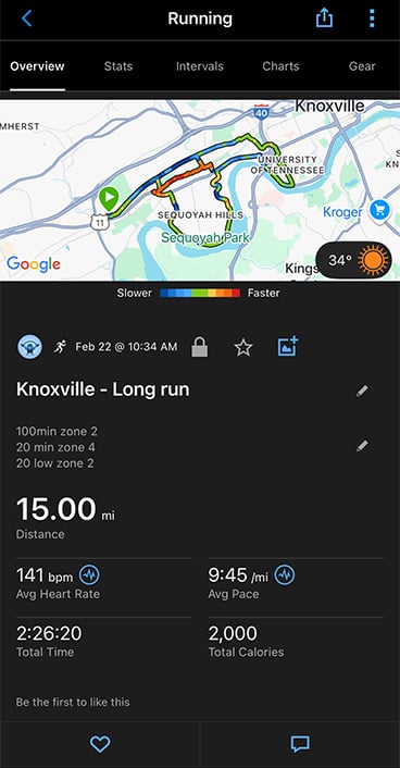 A screenshot of running data from golfer Scott Stallings shows his 15 mile long run in Knoxville with an average heart rate of 141 bpm, 9:45 average pace, 2:26:20 total time and 2,000 calories.