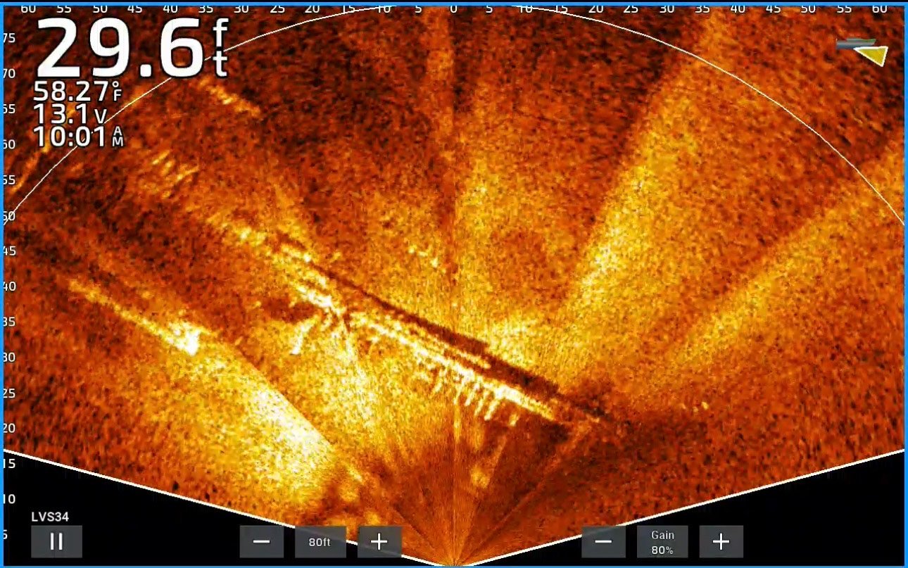 View of the J.C. Ames underwater using a LiveScope™ Plus LVS34 sonar. (Photo provided by Chris Thuss.)